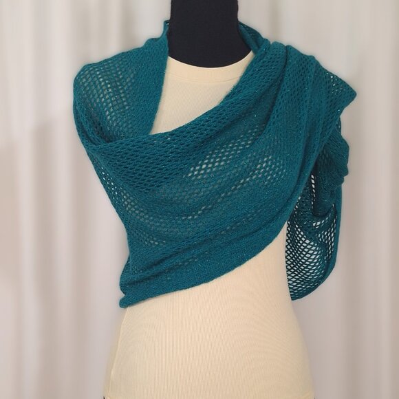 Steve Madden Teal Metallic Knit Infinity Circle Scarf Open Knit Fishnet NWT - Picture 3 of 10